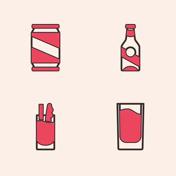 Set Shot Glas, Bierdose, Flasche und Cocktail Bloody Mary Ikone. Vektor — Stockvektor