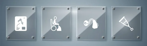 Set Krukken of krukken, hoortoestel, rolstoel en röntgenfoto 's. Vierkante glazen panelen. Vector — Stockvector