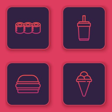 Suşi, Burger, kamışlı kağıt bardak ve waffle külahında dondurma. Mavi kare düğme. Vektör