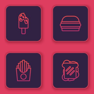 Dondurma, patatesli patates kızartması, hamburger ve sandviç. Mavi kare düğme. Vektör