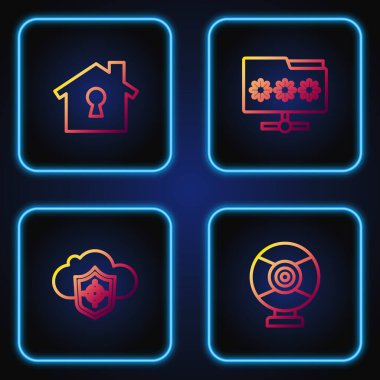 Güvenlik kamerası, bulut ve kalkan, koruma altında ev ve şifreli klasör ayarla. Renk simgeleri. Vektör