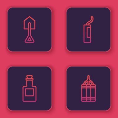 Kürek, tekila şişesi, dinamit bombası ve... Mavi kare düğme. Vektör