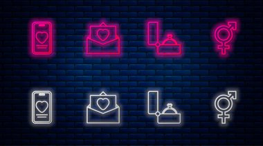 Zarfta sevgililer günü kalbi, elmas nişan yüzüğü, online flört uygulaması, sohbet ve cinsiyet. Tuğla duvarda parlayan neon simgesi. Vektör