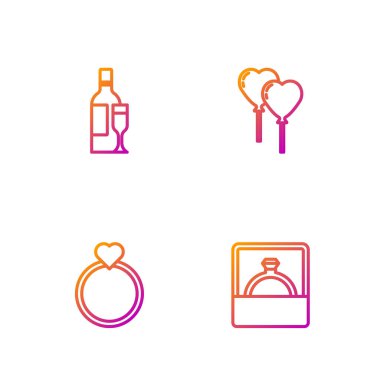 Elmas nişan yüzüğü, alyans, şampanya şişesi ve kalp şeklinde balonlar. Renk simgeleri. Vektör