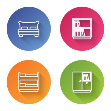 Büyük yatak, kütüphane kitaplığı, ranza ve gardırop. Renkli daire düğmesi. Vektör