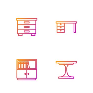 Yuvarlak masa, kütüphane kitaplığı, mobilya sehpası ve ofis masası. Renk simgeleri. Vektör