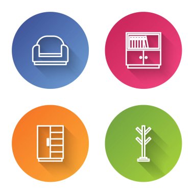 Sıraya gir Armchair, kütüphane kitaplığı, gardırop ve vestiyer. Renkli daire düğmesi. Vektör