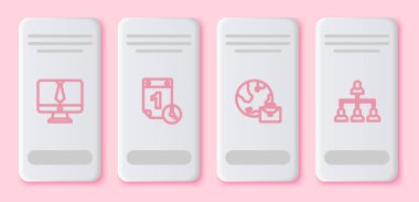 Çevrimiçi görüntülü sohbet konferansı, Zaman yönetimi, Çevrimiçi çalışma ve hiyerarşi organizogramı ayarla. Beyaz dikdörtgen düğme. Vektör