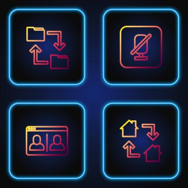 Çevrimiçi çalışan satırı ayarla, görüntülü sohbet konferansı, Bulut depolama belgesi dizini ve Dilsiz mikrofon. Renk simgeleri. Vektör