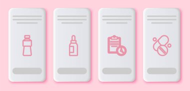 Bir şişe su, temel yağ şişesi spor eğitim programı ve vitamin hapı. Beyaz dikdörtgen düğme. Vektör