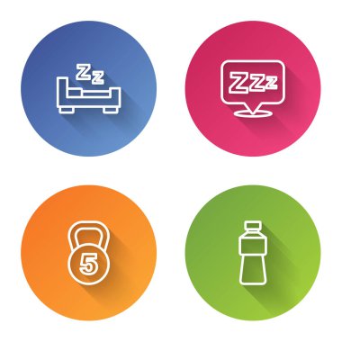 Yatma vakti geldi, Uykucu, Ağırlık ve Şişe Su. Renkli daire düğmesi. Vektör