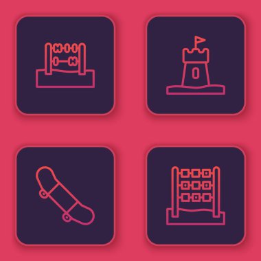 Çizgi Abacus, kaykay numarası, Kum Kulesi ve Tic Tac toe oyunu. Mavi kare düğme. Vektör