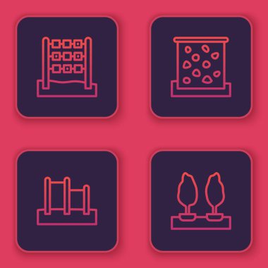 Tic tac toe oyunu, yatay bar, tırmanma duvarı ve ormanı ayarlayın. Mavi kare düğme. Vektör