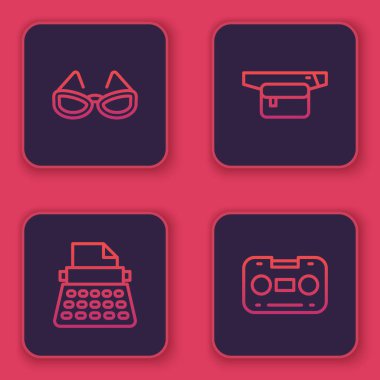 Bardaklar, daktilo, muz dolu bel çantası ve ses kasedi. Mavi kare düğme. Vektör