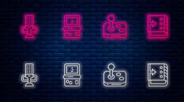 Tetris, Joystick, Mikrofon ve Ses Karıştırıcı kontrolörü ayarlayın. Tuğla duvarda parlayan neon simgesi. Vektör