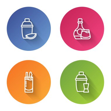 Misket limonlu kokteyl karıştırıcısı, viski şişesi ve bardak, Bloody Mary ve. Renkli daire düğmesi. Vektör