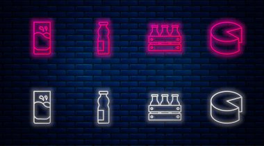 Sabit hat, şişede yoğurt içmek, şişe sütü, tahta kutu, bardakla peynir. Tuğla duvarda parlayan neon simgesi. Vektör