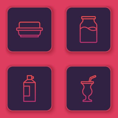 Tereyağında tereyağı, krem şanti şişesi, süt ve milkshake şişesi. Mavi kare düğme. Vektör