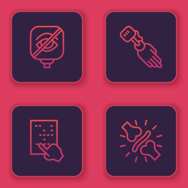 Çizgi körlüğü, körler alfabesi, protez el ve eklem ağrısı, diz ağrısı. Mavi kare düğme. Vektör