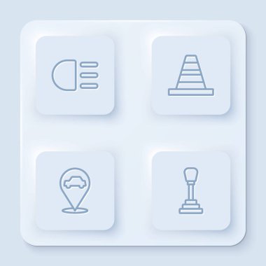 Hat yüksek kiriş, trafik konisi, araba servisli konum ve vites kolu. Beyaz kare düğme. Vektör