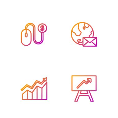 Grafik grafiği, finansal büyüme artışı, reklamcılık ve dünya küresi postaları ile bir çizgi oluşturun. Renk simgeleri. Vektör