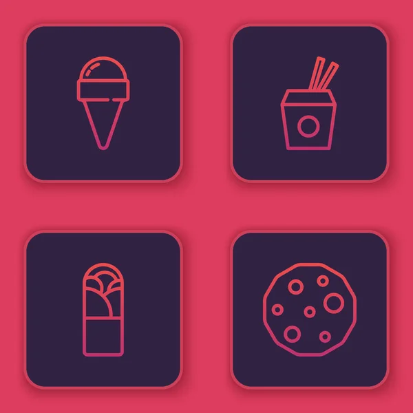 Παγωτό σε κώνο βάφλας, κεμπάπ, ασιατικά νουντλς και ξυλάκια και μπισκότο ή μπισκότο. Μπλε τετράγωνο κουμπί. Διάνυσμα — Διανυσματικό Αρχείο