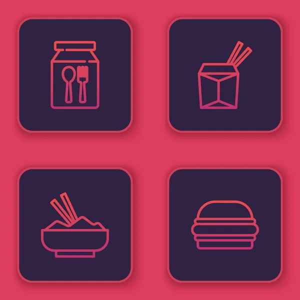 Set line Online παραγγελία και παράδοση, μπολ ρυζιού με chopstick, ασιατικά noodles chopsticks και Burger. Μπλε τετράγωνο κουμπί. Διάνυσμα — Διανυσματικό Αρχείο