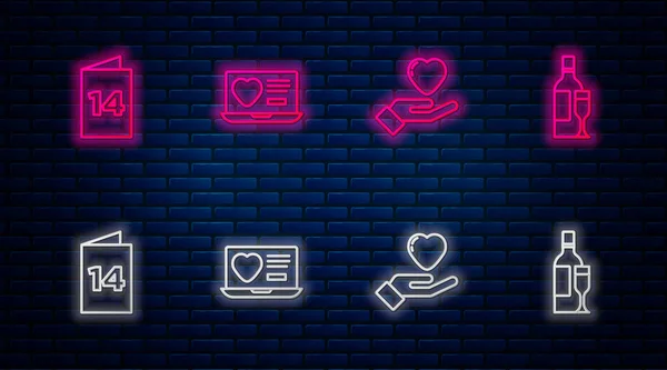 Set line Dating app online, Heart hand, Greeting card and Champagne bottle. Glowing neon icon on brick wall. Vector — Stock Vector