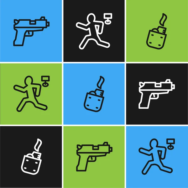 Set line Pistole oder Waffe, Feuerzeug und Mord-Symbol. Vektor — Stockvektor