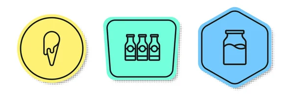 Set line Helado en cono de gofre, Botella con leche y. Formas de colores. Vector — Archivo Imágenes Vectoriales