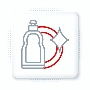 Sıvı çamaşır deterjanı, çamaşır suyu, bulaşık deterjanı ya da beyaz arka planda izole edilmiş başka bir temizlik maddesi simgesi için çizgi plastik şişe. Renkli taslak konsepti. Vektör.