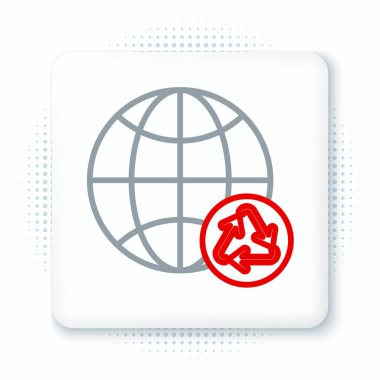 Çizgi Gezegen Dünya ve beyaz arka planda izole edilmiş bir geri dönüşüm ikonu. Çevresel konsept. Renkli taslak konsepti. Vektör.