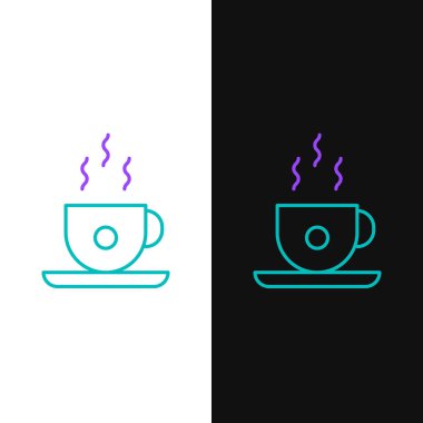 Çizgili kahve fincanı simgesi beyaz ve siyah arkaplanda izole edilmiş. Çay fincanı. Sıcak içecek kahvesi. Renkli taslak konsepti. Vektör.