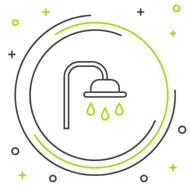 Beyaz zemin üzerinde su damlaları akan ikon olan çizgi duş başlığı izole edildi. Renkli taslak konsepti. Vektör.