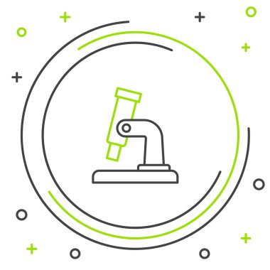 Beyaz arkaplanda çizgi mikroskobu simgesi izole edildi. Kimya, ilaç aleti, mikrobiyoloji büyütme aracı. Renkli taslak konsepti. Vektör.