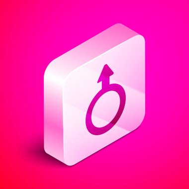 Pembe arka planda izole edilmiş Isometric erkek cinsiyet sembolü. Gümüş kare düğme. Vektör.