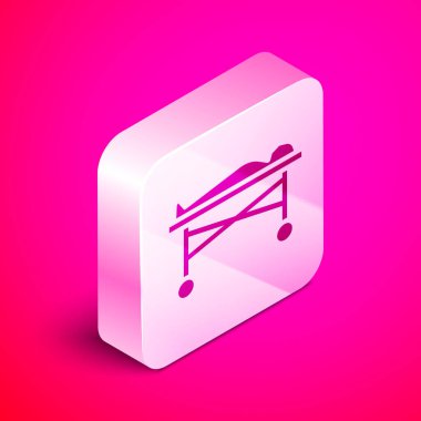 Morgdaki Isome 'lı ceset pembe arka planda izole edilmiş. Gümüş kare düğme. Vektör.