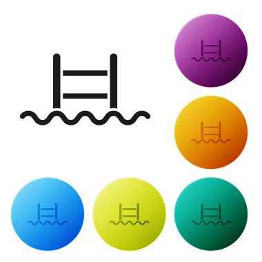 Beyaz arka planda izole edilmiş merdiven ikonu olan siyah yüzme havuzu. Simgeleri renk daire düğmelerine ayarla. Vektör.