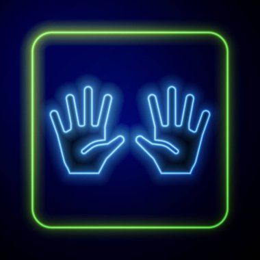 Parlayan neon renkli lastik eldiven ikonu mavi arka planda izole edildi. Koruyucu lastik eldivenler. Vektör.