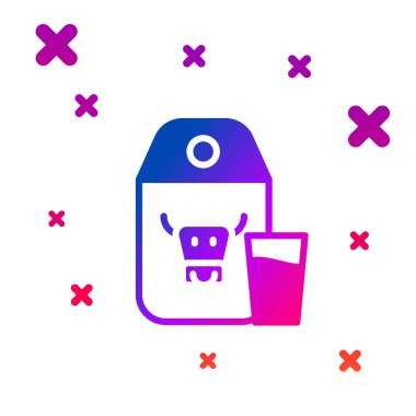 Beyaz arka planda izole edilmiş süt ve cam simgesi için renkli kağıt paketi. Süt paketi işareti. Kademeli rastgele dinamik şekiller. Vektör.