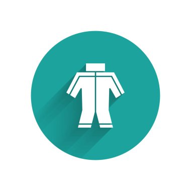 Tüplü dalış ikonu için uzun gölgeli beyaz dalış kıyafeti. Su altı ekipmanları. Yeşil daire düğmesi. Vektör.