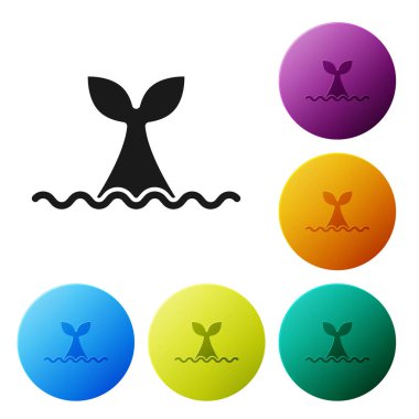 Okyanus dalgası ikonunda siyah balina kuyruğu beyaz arka planda izole edildi. Simgeleri renk daire düğmelerine ayarla. Vektör.