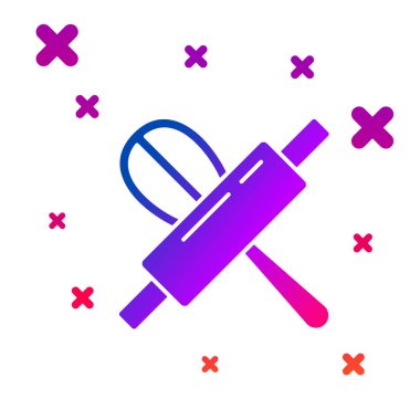 Renkli Mutfak çırpma ve merdane simgesi beyaz arkaplanda izole edildi. Mutfak aletleri, yumurta çırpıcı. Çatal bıçak seti. Yemek karışımı sembolü. Kademeli rastgele dinamik şekiller. Vektör.