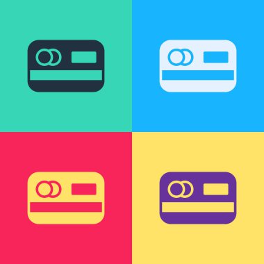 Pop sanat kredi kartı simgesi renk arkaplanında izole edildi. Çevrimiçi ödeme. Nakit çekilmesi. Finansal operasyonlar. Alışveriş tabelası. Vektör.