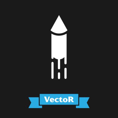 Beyaz Firework roket ikonu siyah arka planda izole edildi. Eğlence partisi anlayışı. Patlayıcı havai fişek sembolü. Vektör.