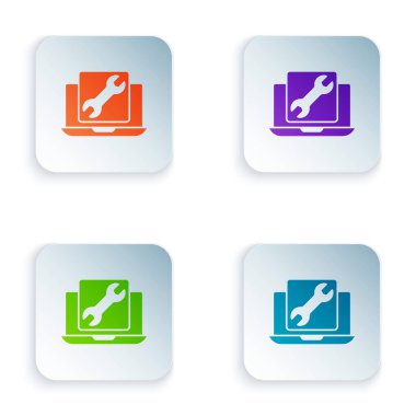 İngiliz anahtarı simgesi beyaz arkaplanda izole edilmiş renkli dizüstü bilgisayar. Ayarlama, servis, ayar, bakım, onarım, onarım. Kare düğmelere renkli simgeleri yerleştir. Vektör.