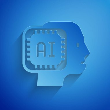 Kağıt kesiği mavi arka planda insansı robot simgesi izole edildi. Yapay zeka, makine öğrenme, bulut hesaplama. Kağıt sanatı tarzı. Vektör.