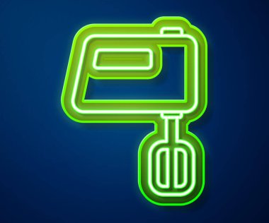 Parlayan neon hattı elektrik karıştırıcı simgesi mavi arkaplanda izole edildi. Mutfak blenderi. Vektör.