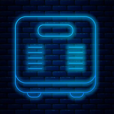 Parlayan neon hattı banyo ölçekli ikon tuğla duvar arka planında izole edilmiş. Ağırlık ölçme ekipmanı. Ağırlık ölçeği spor konsepti. Vektör.