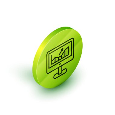Hisse senedi borsası büyüme grafikleri ve para simgesi olan Isometric hattı bilgisayarı beyaz arka planda izole edildi. Ekranda ok grafikleri olan bir monitör. Yeşil daire düğmesi. Vektör.